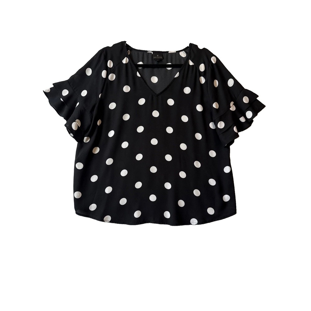 Worthington Polka Dot Short Ruffle Flutter Sleeve V Neck Top L Retro Rockabilly